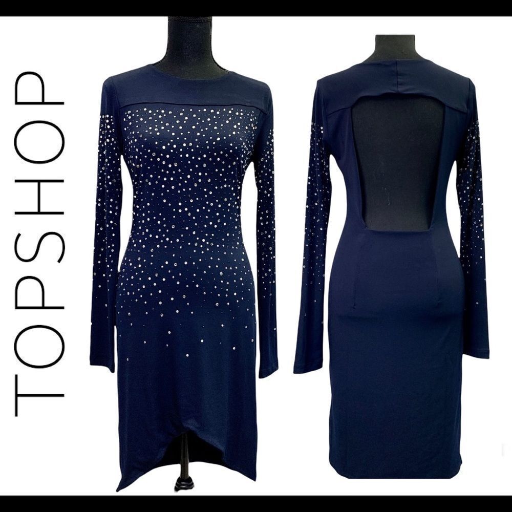 TOPSHOP navy blue long sleeve spandex open back rhinestone embellished dress Sz6